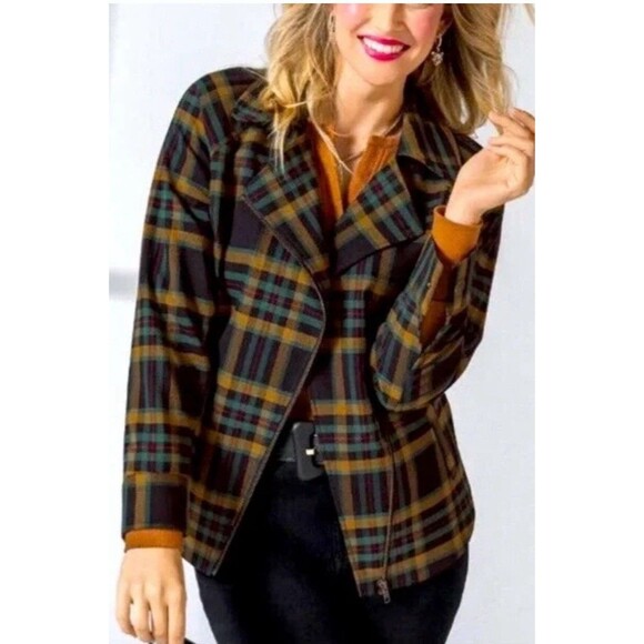 CABI Women Moto Autumn Plaid Jacket Flannel Asymmetrical Zip-L - Picture 1 of 16